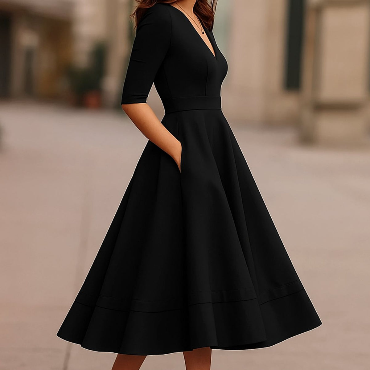 Women's Retro A-Line Deep V-Neck Midi Dress