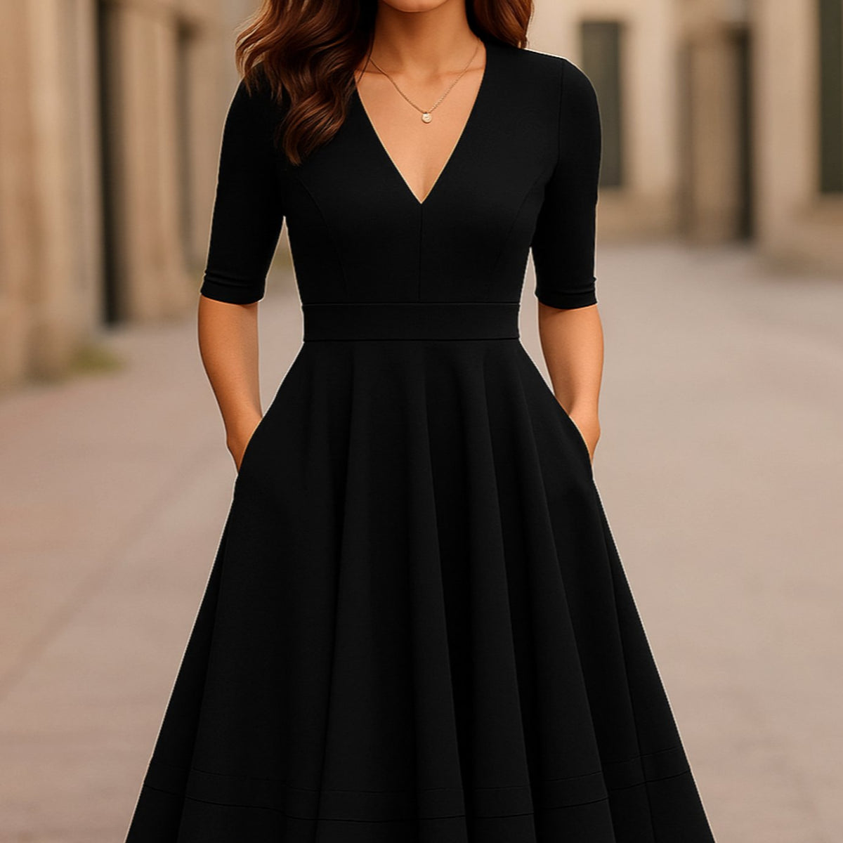 Women's Retro A-Line Deep V-Neck Midi Dress
