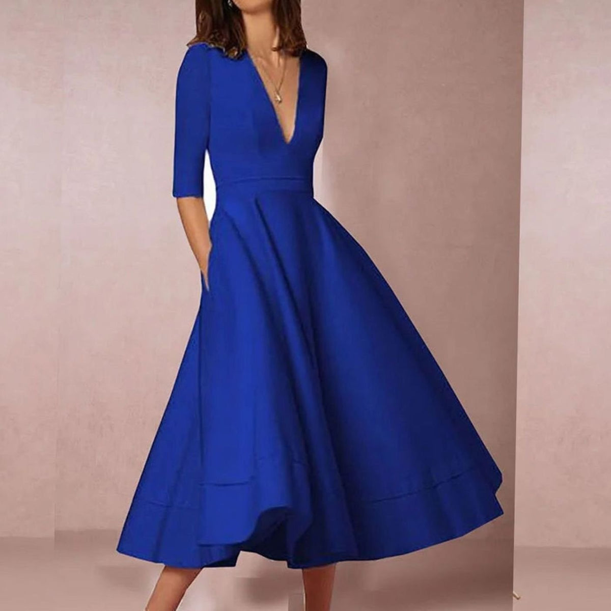 Women's Retro A-Line Deep V-Neck Midi Dress - Royal Blue