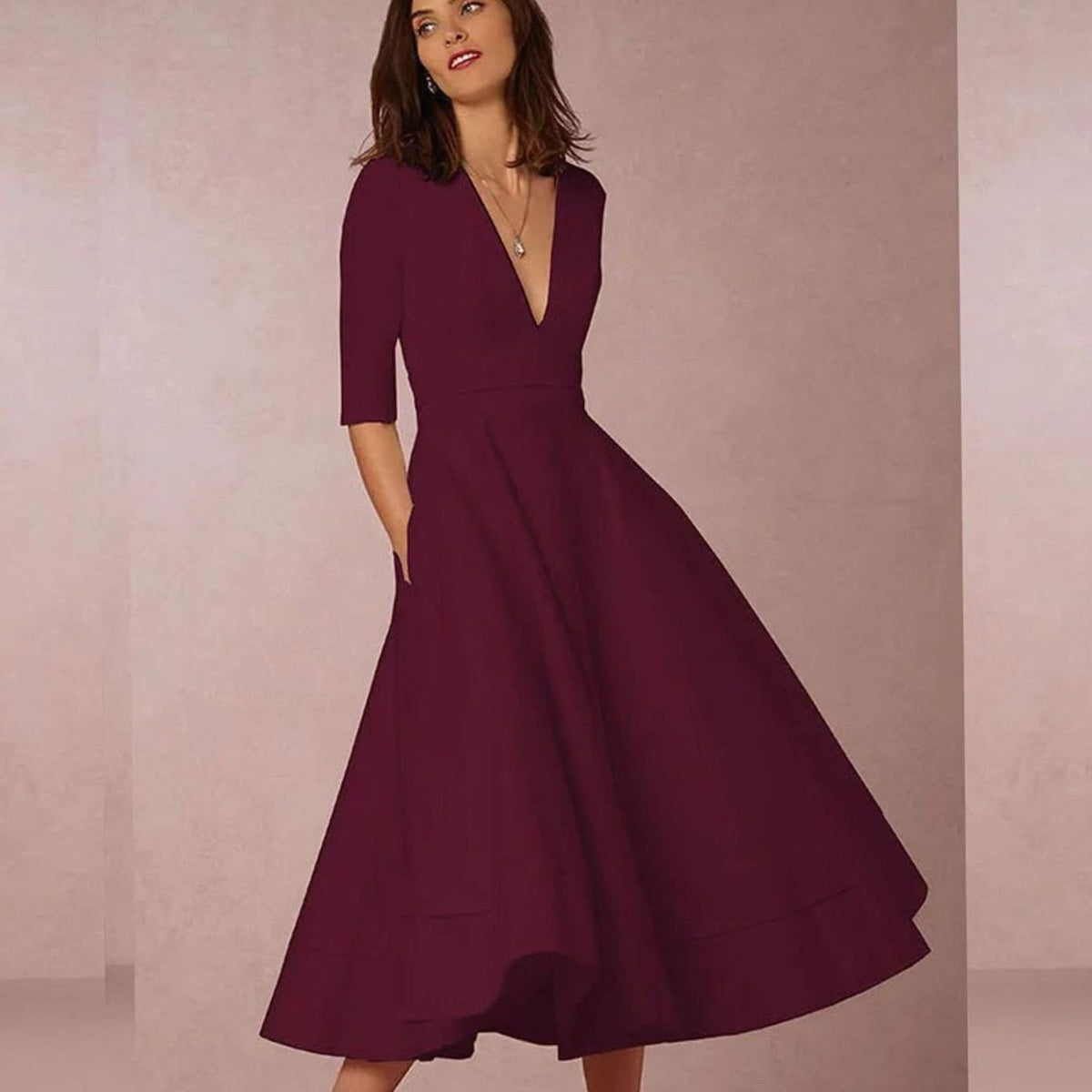 Women's Retro A-Line Deep V-Neck Midi Dress - Burgundy