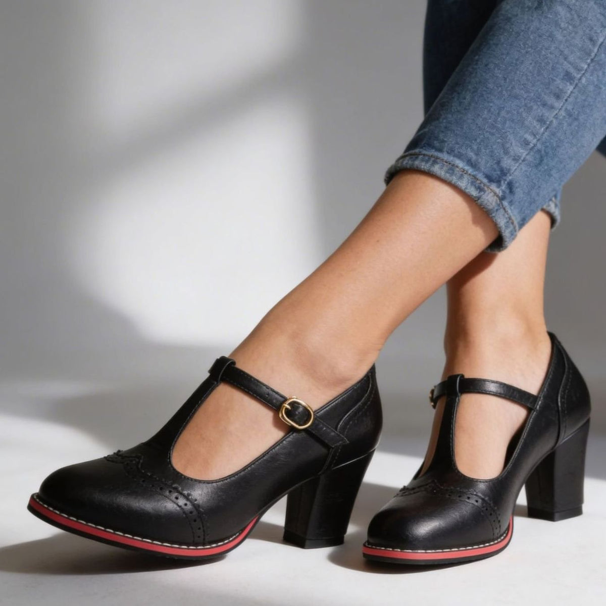Women's Retro Brogue T-Bar Block Heel Court Shoes, Black