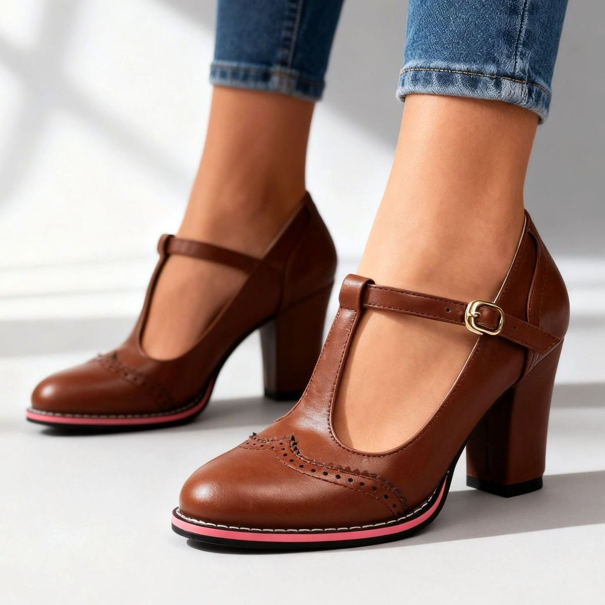 Women's Retro Brogue T-Bar Block Heel Court Shoes, Black - Brown