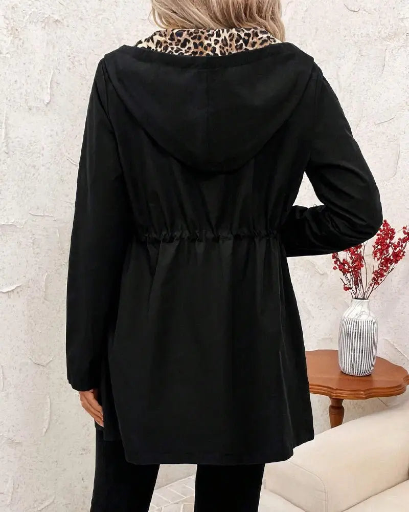 Women's Reversible Coat Long Sleeve Hooded Leopard Print