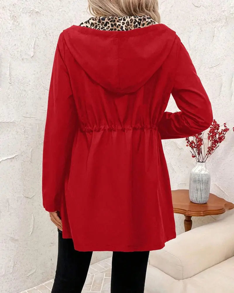 Women's Reversible Coat Long Sleeve Hooded Leopard Print