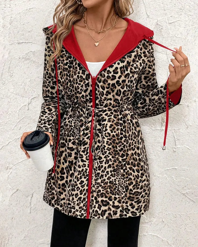 Women's Reversible Coat Long Sleeve Hooded Leopard Print