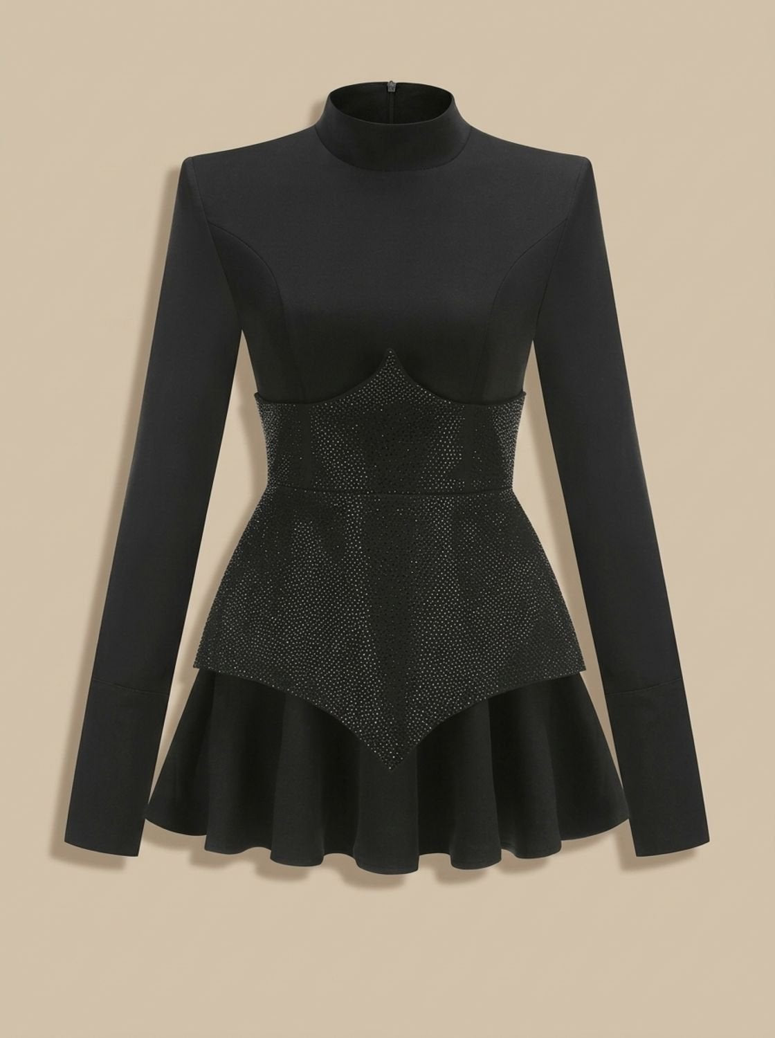 Women's Rhinestone Sequin Mini Dress Long Bell-Sleeve Mock Neck