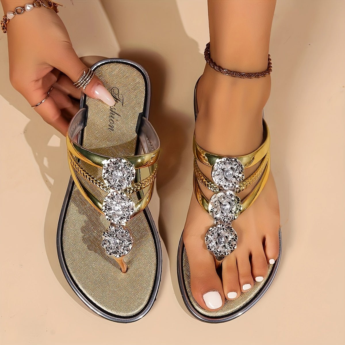 Women's Rhinestone T-Strap Flat Sandals - Gold