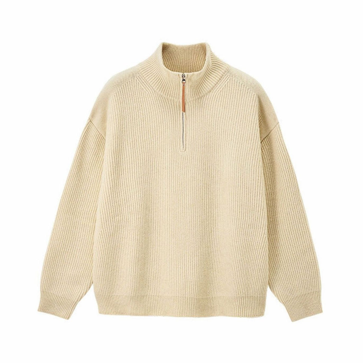 Women's Ribbed Cotton Half-Zip Jumper High-Neck Knitwear - Cream