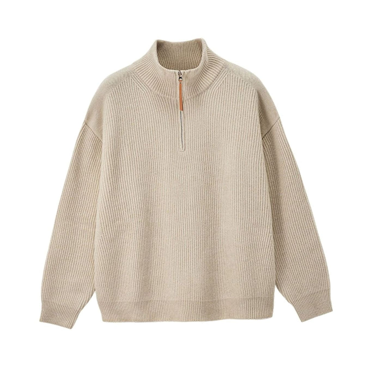 Women's Ribbed Cotton Half-Zip Jumper High-Neck Knitwear - Camel