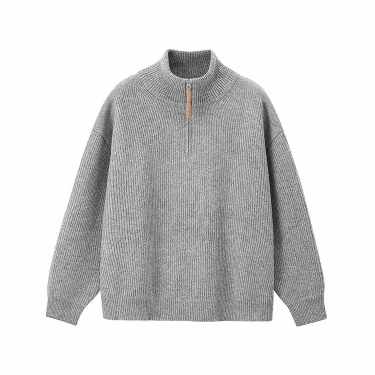 Women's Ribbed Cotton Half-Zip Jumper High-Neck Knitwear - Grey