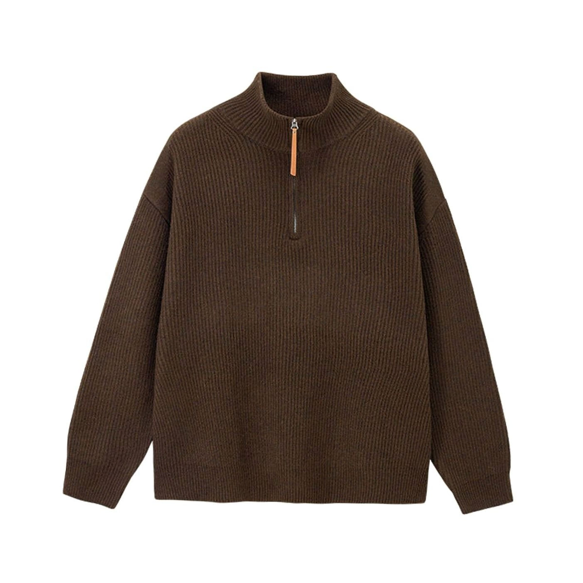 Women's Ribbed Cotton Half-Zip Jumper High-Neck Knitwear - Brown