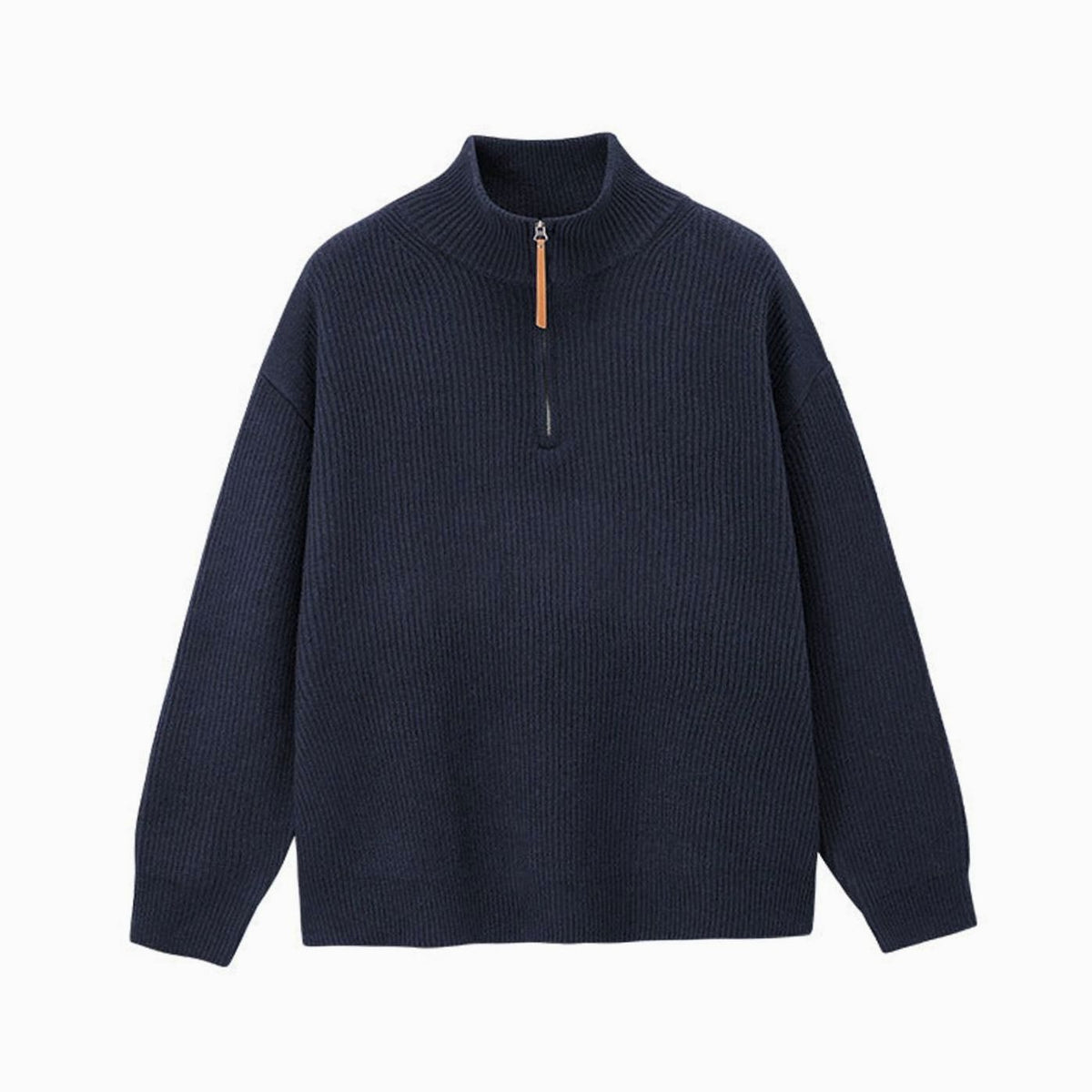 Women's Ribbed Cotton Half-Zip Jumper High-Neck Knitwear - Navy