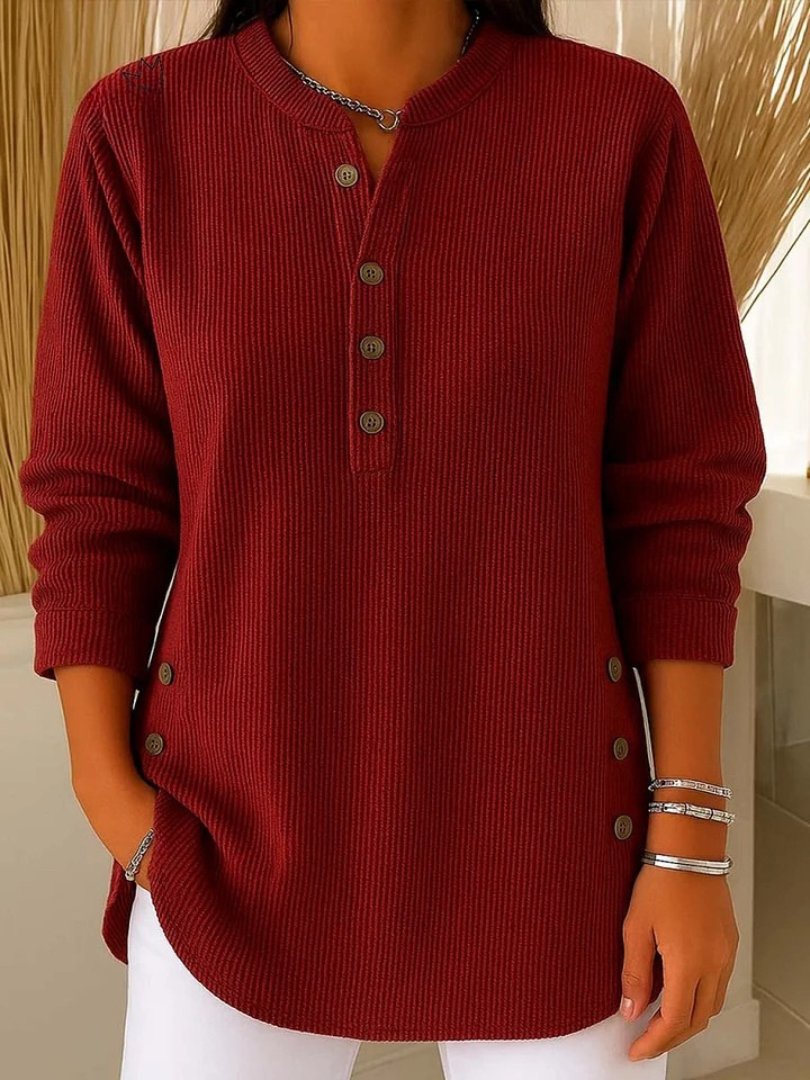 Women's Ribbed Jumper Button Detail Long Sleeve - Red