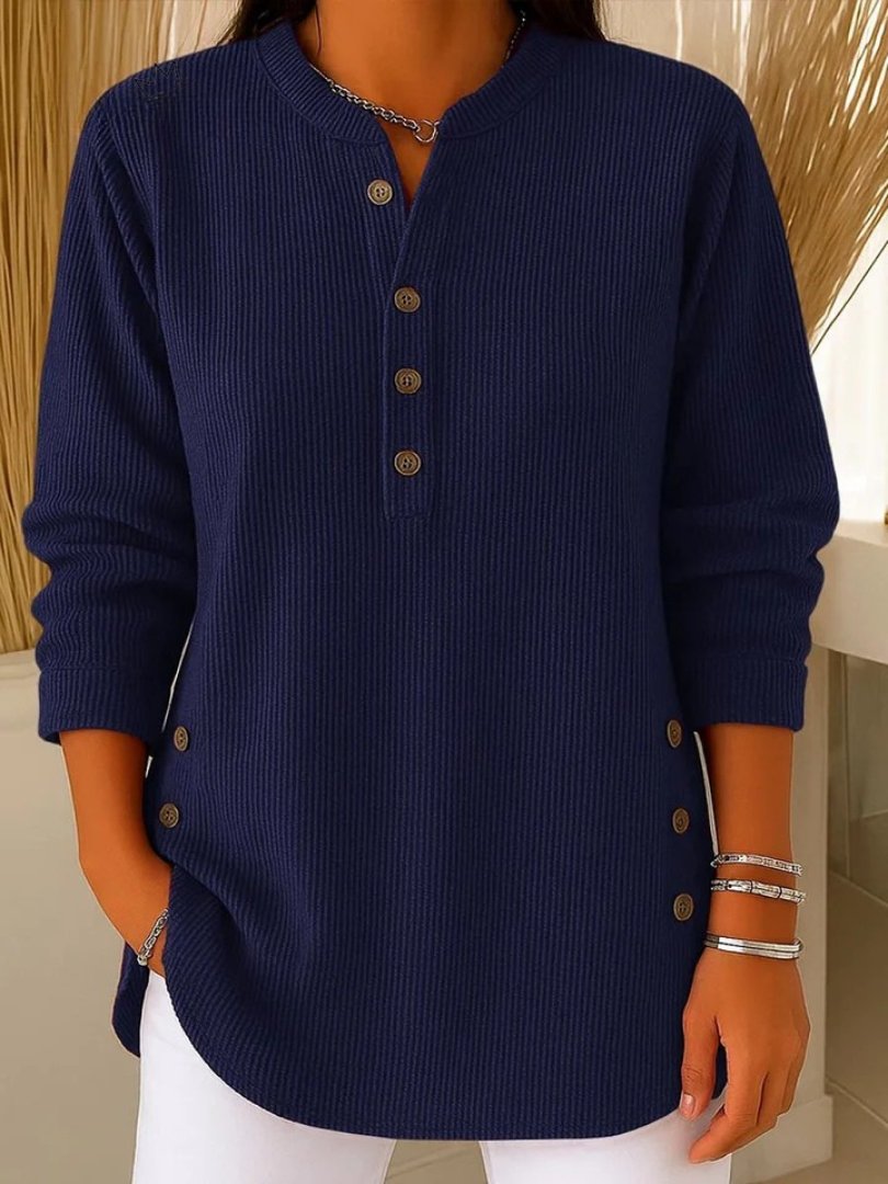 Women's Ribbed Jumper Button Detail Long Sleeve - Dark Blue