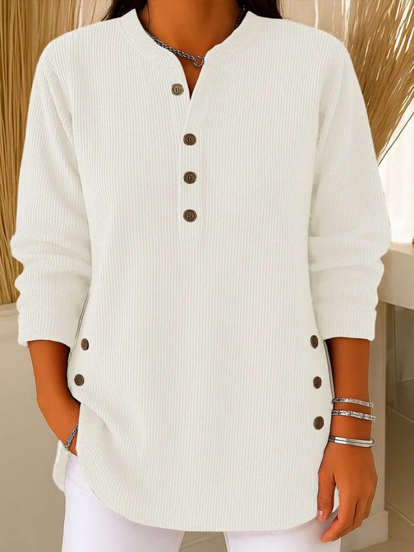 Women's Ribbed Jumper Button Detail Long Sleeve - White