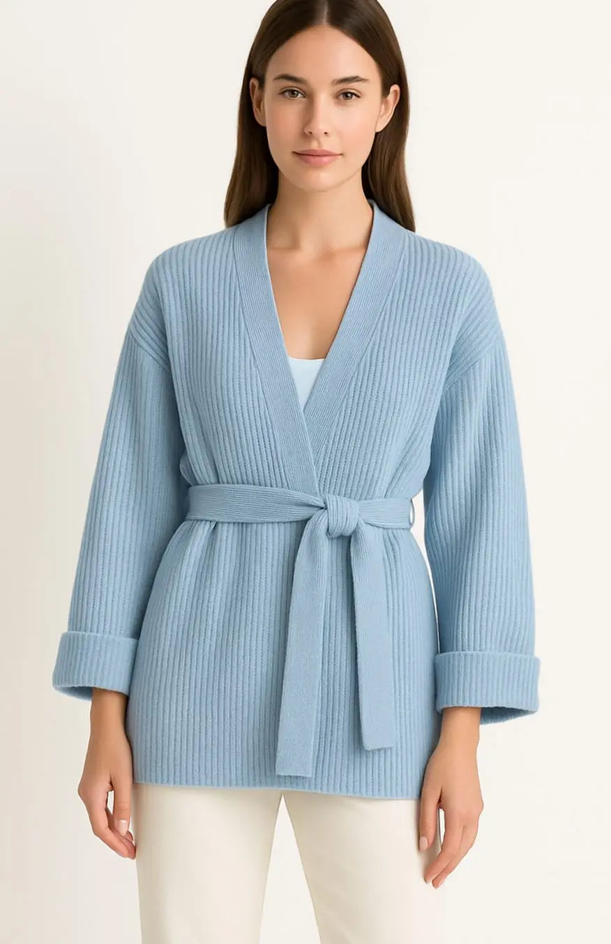 Women's Ribbed Knit Cardigan Belted Wrap V-Neck Jumper