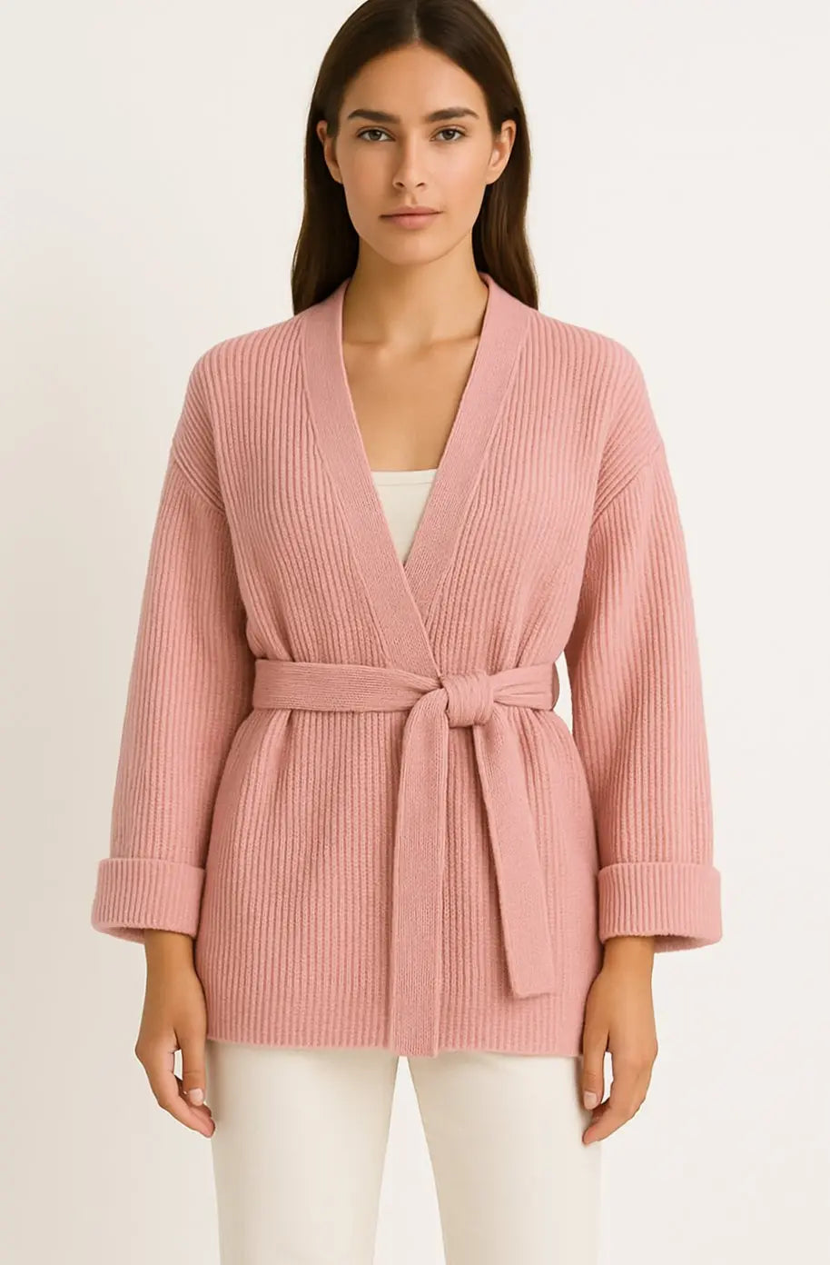 Women's Ribbed Knit Cardigan Belted Wrap V-Neck Jumper