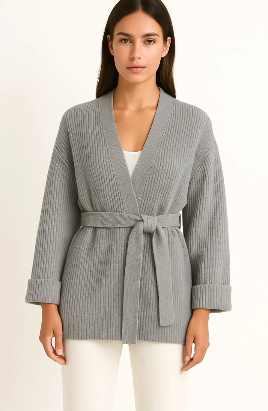 Women's Ribbed Knit Cardigan Belted Wrap V-Neck Jumper
