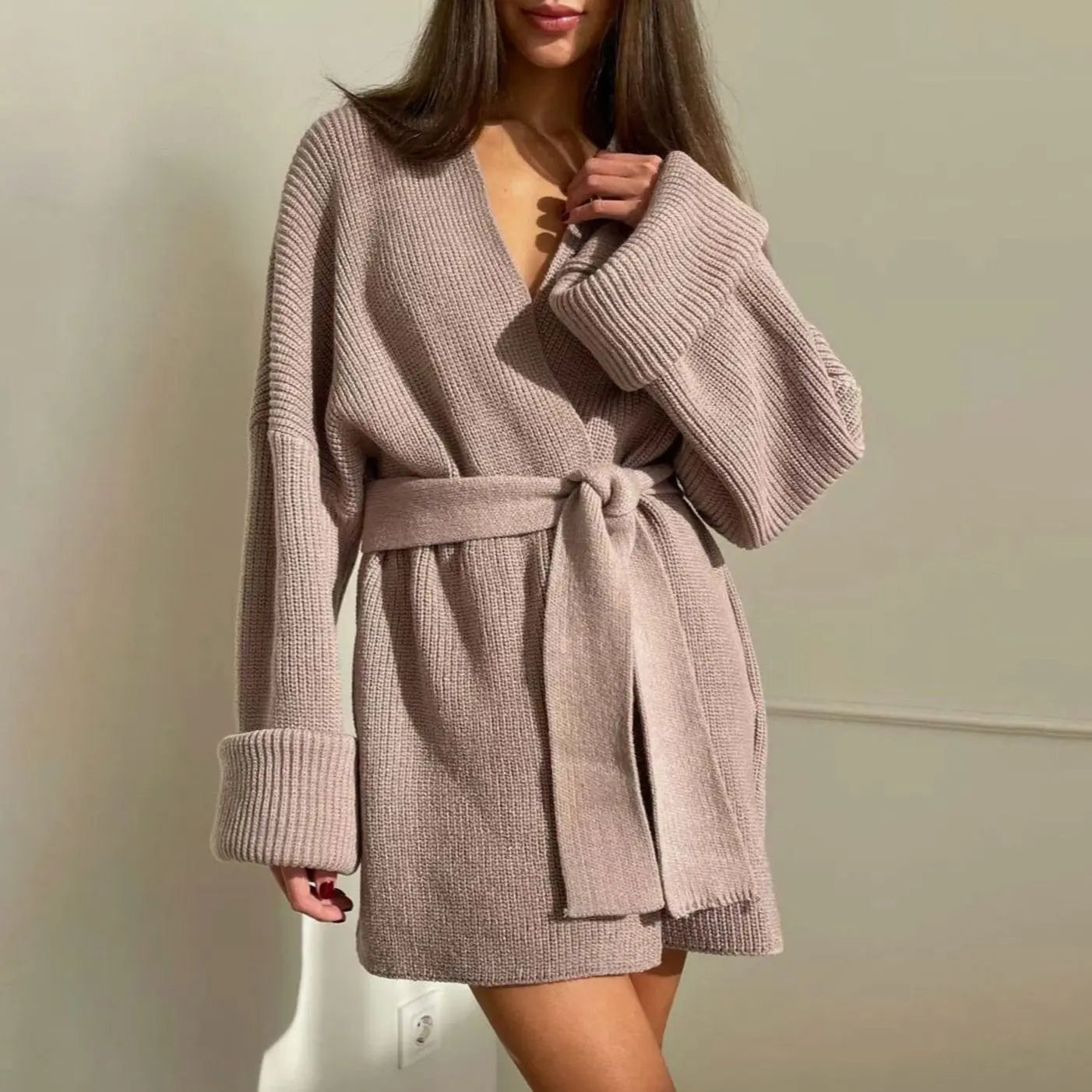 Women's Ribbed Knit Cardigan Belted Wrap V-Neck Jumper - Pink