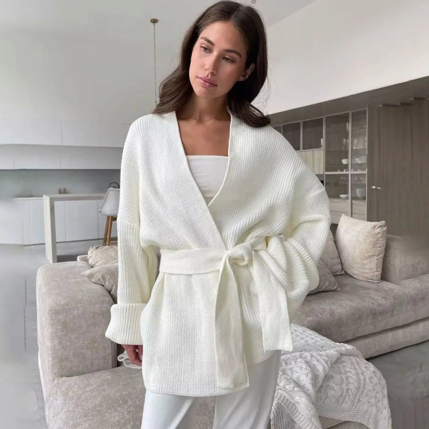 Women's Ribbed Knit Cardigan Belted Wrap V-Neck Jumper - White