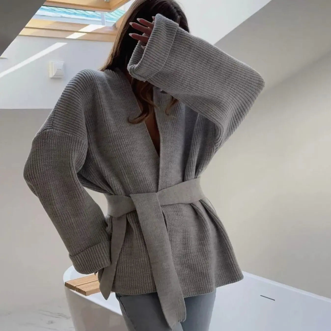 Women's Ribbed Knit Cardigan Belted Wrap V-Neck Jumper - Grey