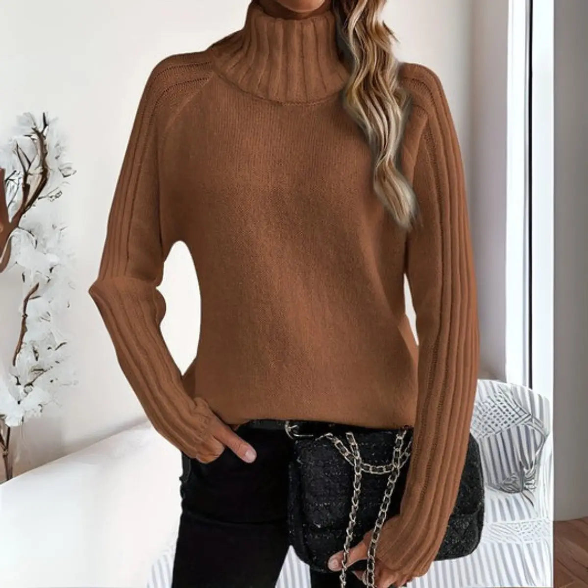 Women's Ribbed Knit Turtleneck Sweater Relaxed Fit Jumper - Brown