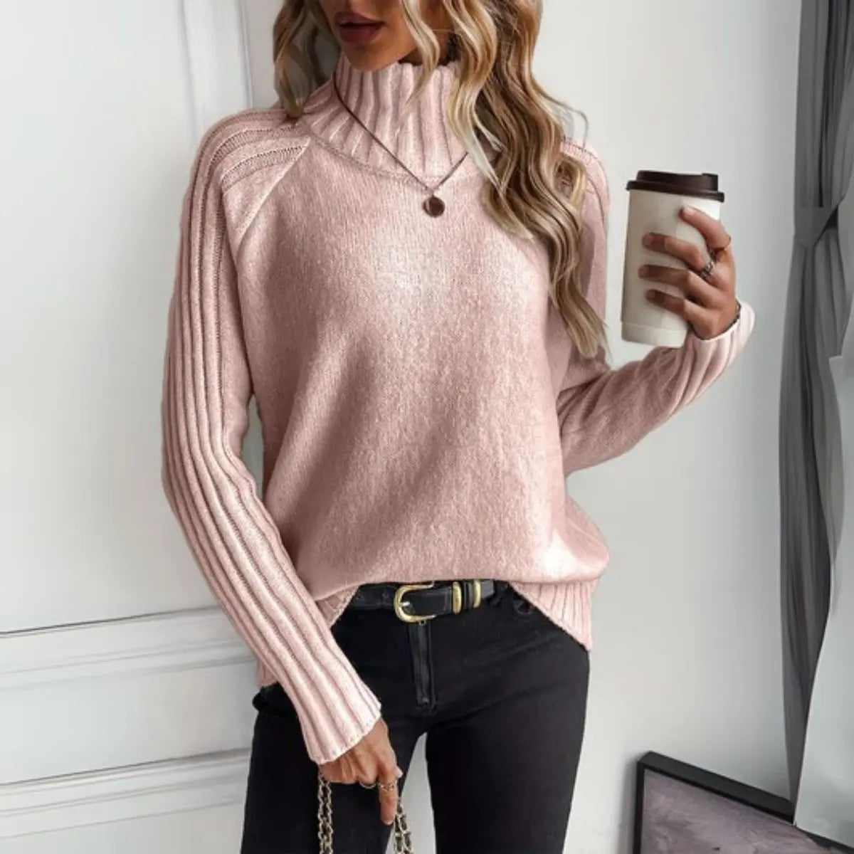 Women's Ribbed Knit Turtleneck Sweater Relaxed Fit Jumper - Pink