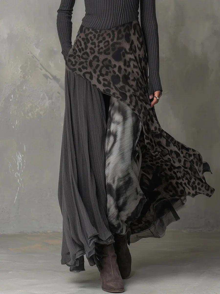 Women's Ribbed Leopard Print Irregular Hem Maxi Long Sleeve Dress
