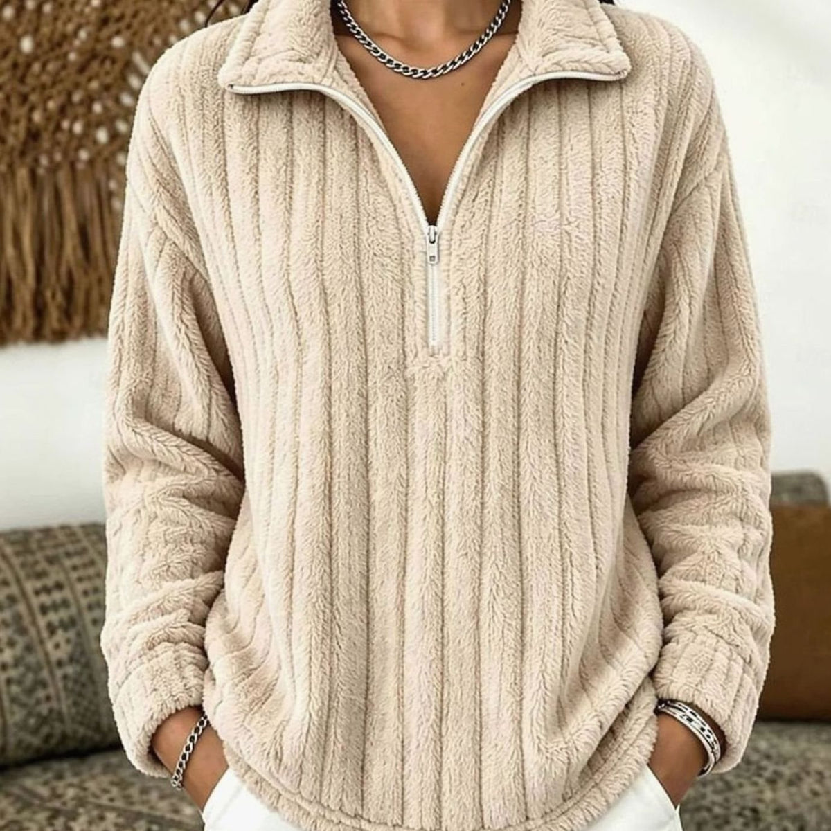 Women's Ribbed Plush Quarter-Zip Fleece Pullover Jumper - Apricot