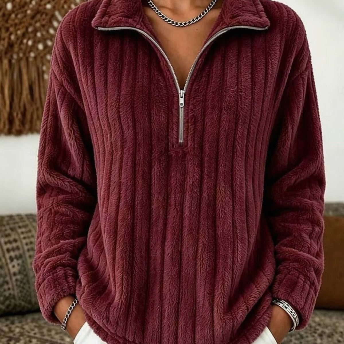 Women's Ribbed Plush Quarter-Zip Fleece Pullover Jumper - Red