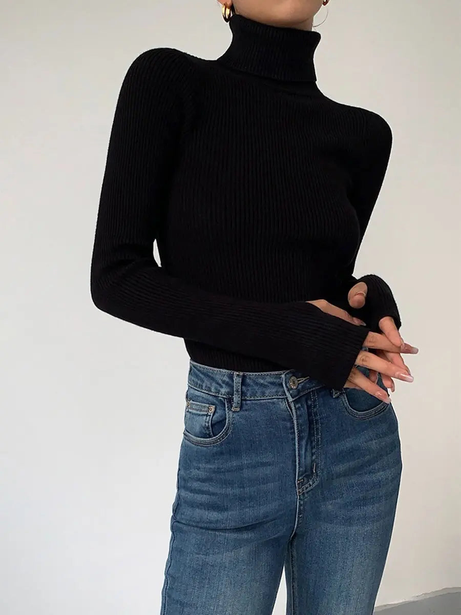 Women's Ribbed Turtleneck Knit Sweater Lightweight Transitional - Black