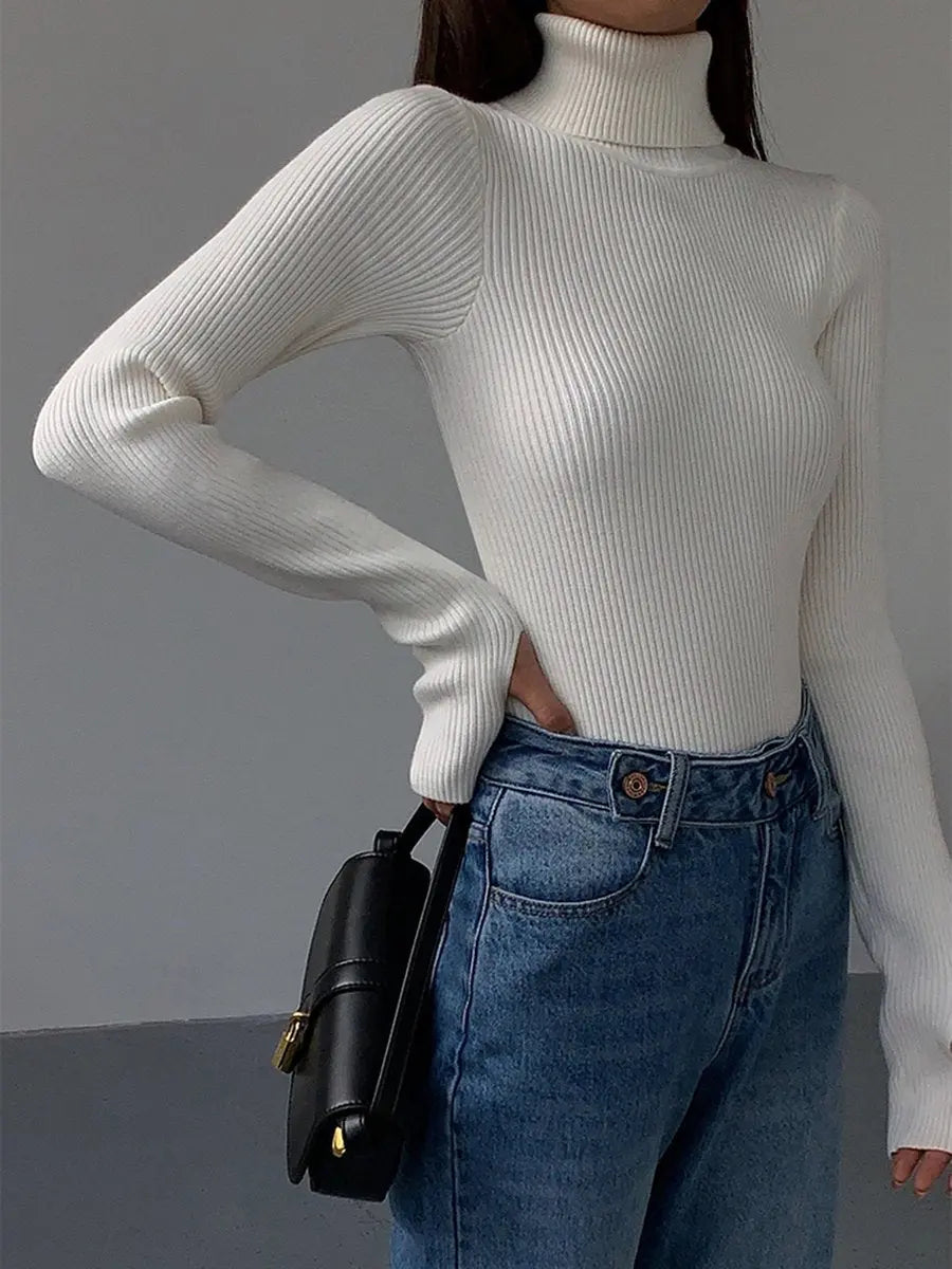 Women's Ribbed Turtleneck Knit Sweater Lightweight Transitional - White