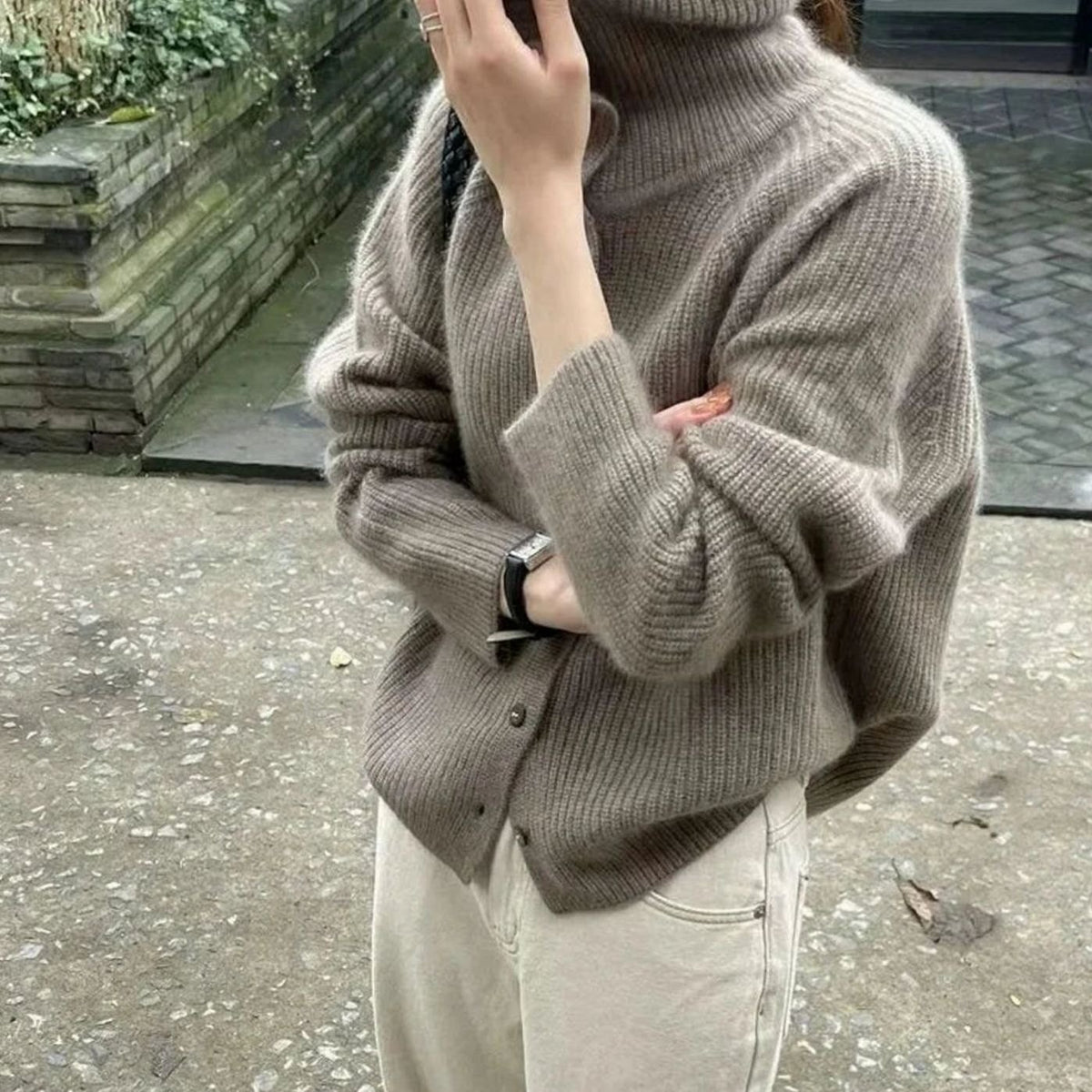 Women's Roll Neck Button-Front Knit Cardigan Jumper