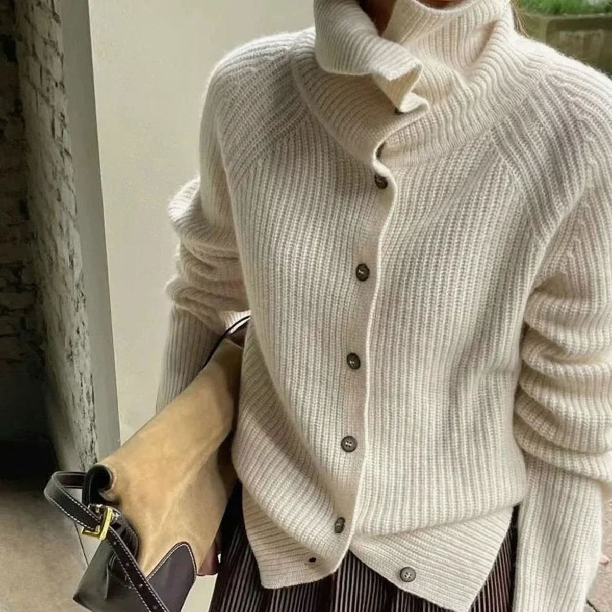 Women's Roll Neck Button-Front Knit Cardigan Jumper
