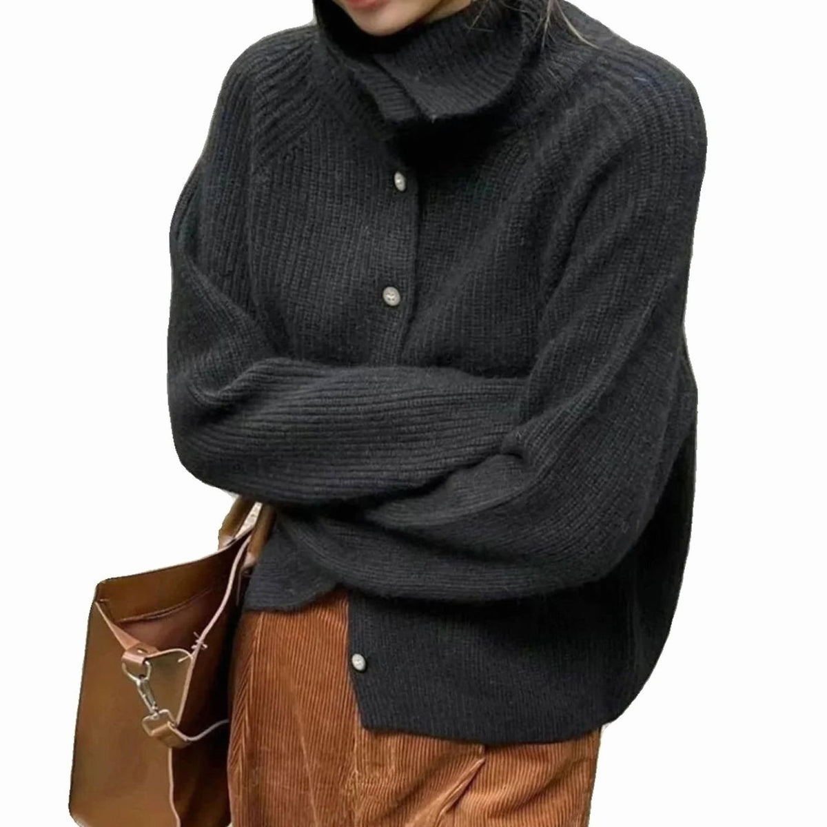 Women's Roll Neck Button-Front Knit Cardigan Jumper - Black