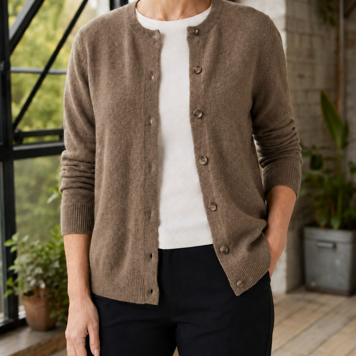 Women's Round-Neck Button-Front Knit Cardigan - Brown