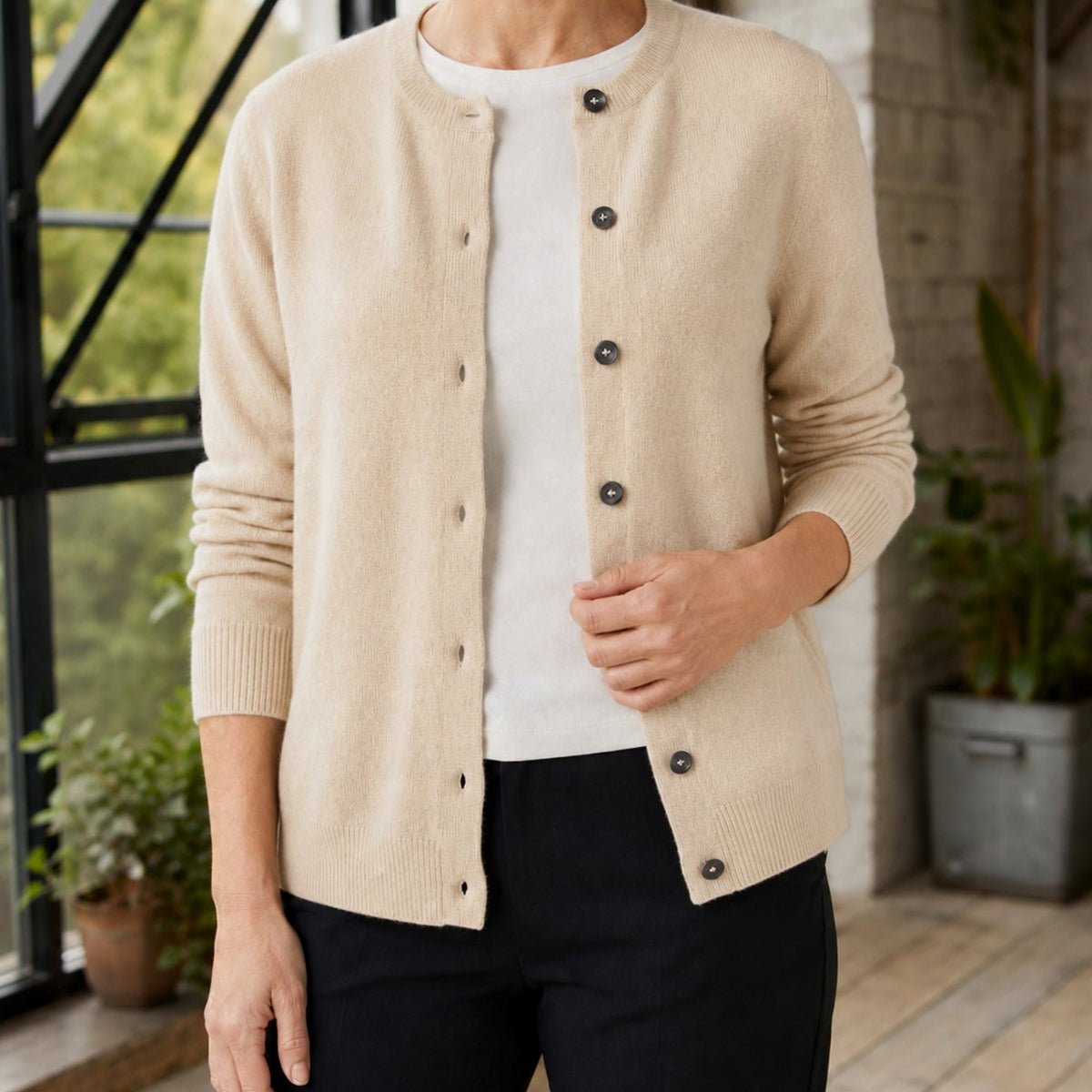 Women's Round-Neck Button-Front Knit Cardigan - Beige