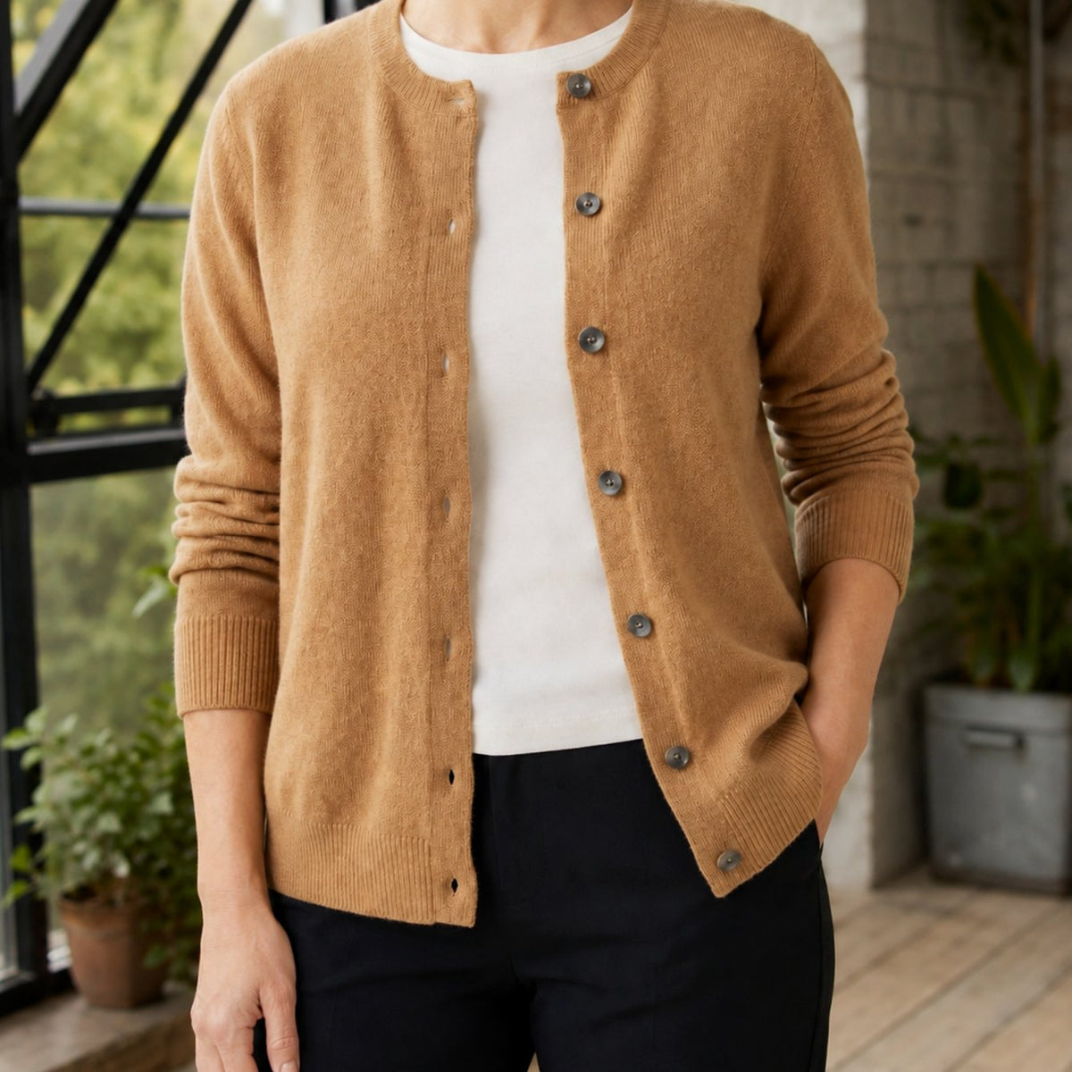 Women's Round-Neck Button-Front Knit Cardigan - Camel