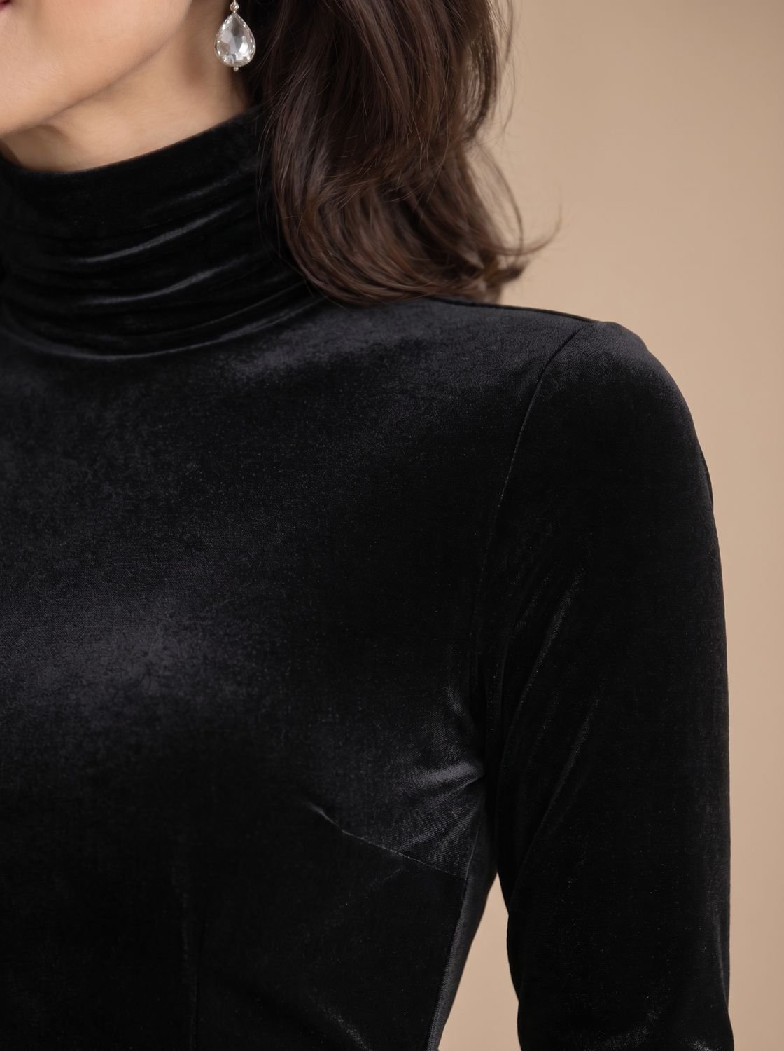 Women's Ruched Velvet Midi Dress Turtleneck Long Sleeve