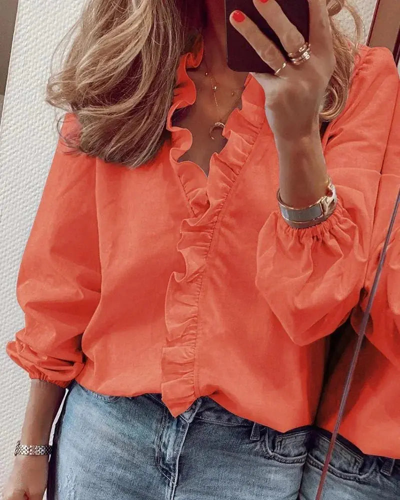 Women's Ruffle Blouse Long Sleeve V-Neck Feminine - Orange