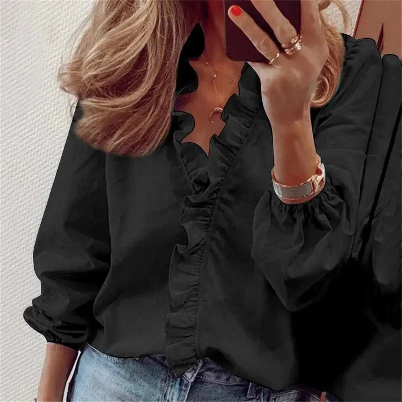 Women's Ruffle Blouse Long Sleeve V-Neck Feminine - Black