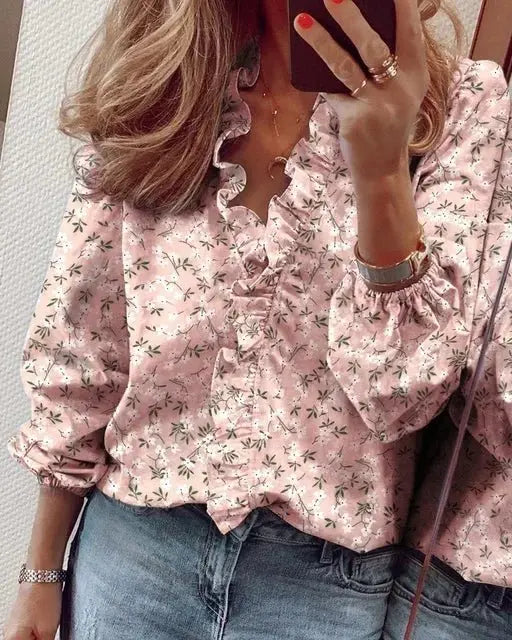 Women's Ruffle Blouse Long Sleeve V-Neck Feminine - Pink