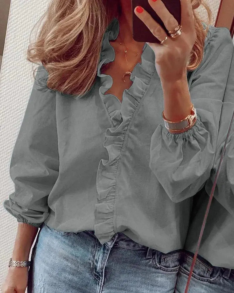 Women's Ruffle Blouse Long Sleeve V-Neck Feminine - Gray