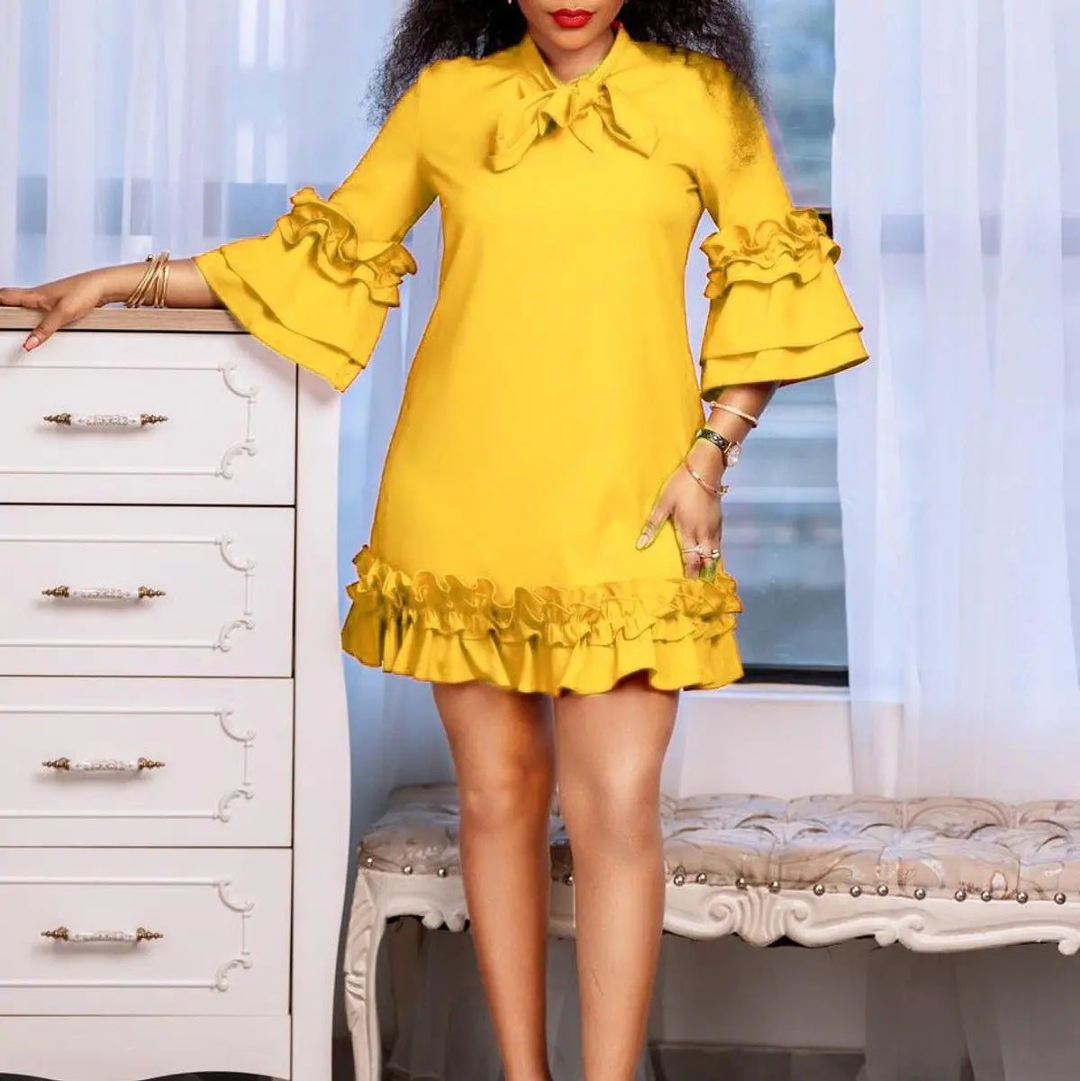 Women's Ruffle Hem Bow-Neck Tunic Mini Dress