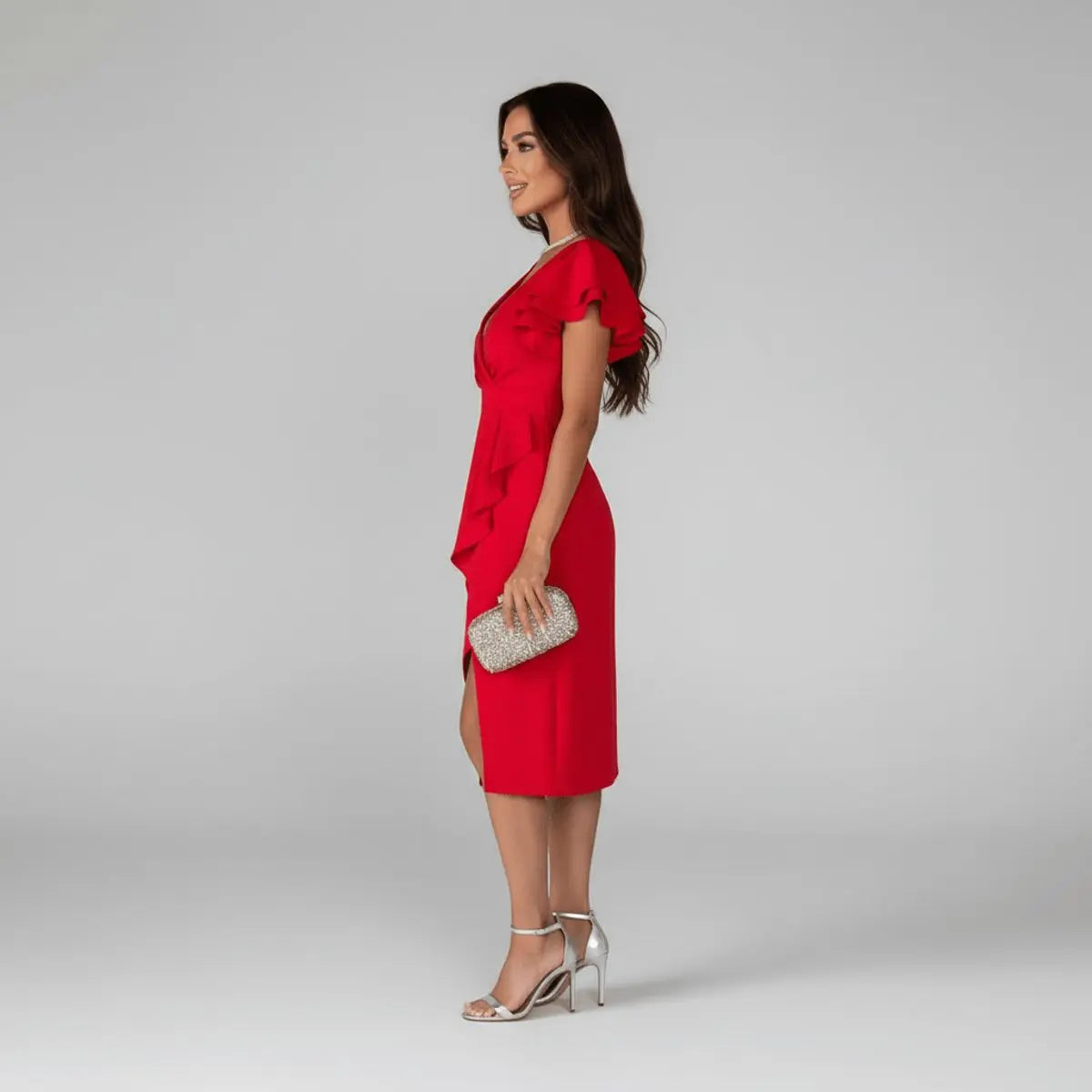 Women's Ruffle Sleeve V-Neck Wrap Mother of the Bride Dress