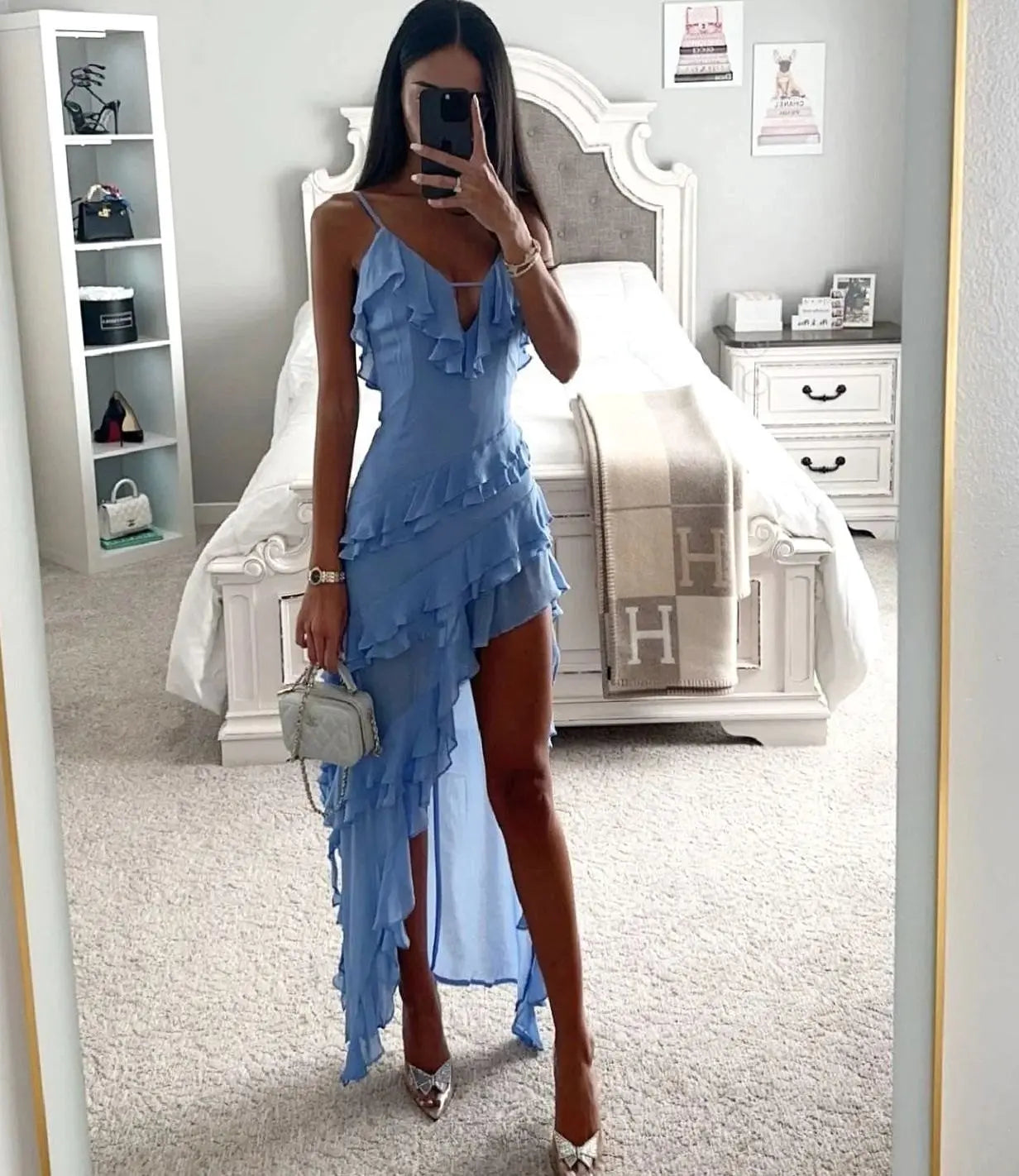 Women's Ruffle Wrap Maxi Dress Asymmetric High-Low Hem