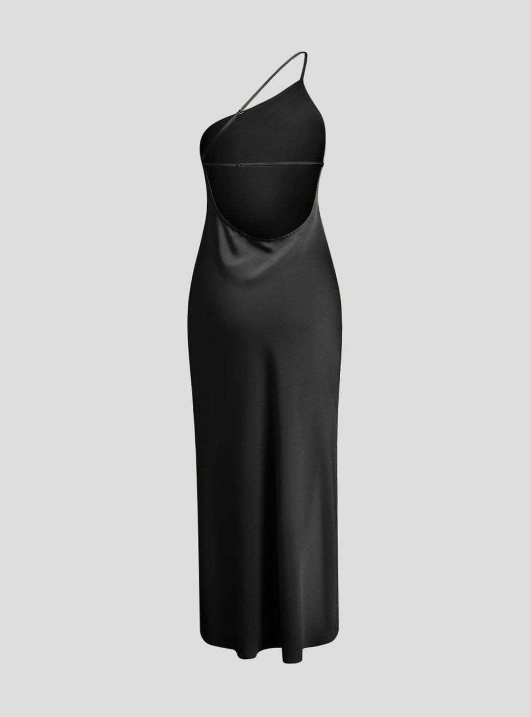 Women's Satin Backless One-Shoulder Midi Dress Side Slit - Black