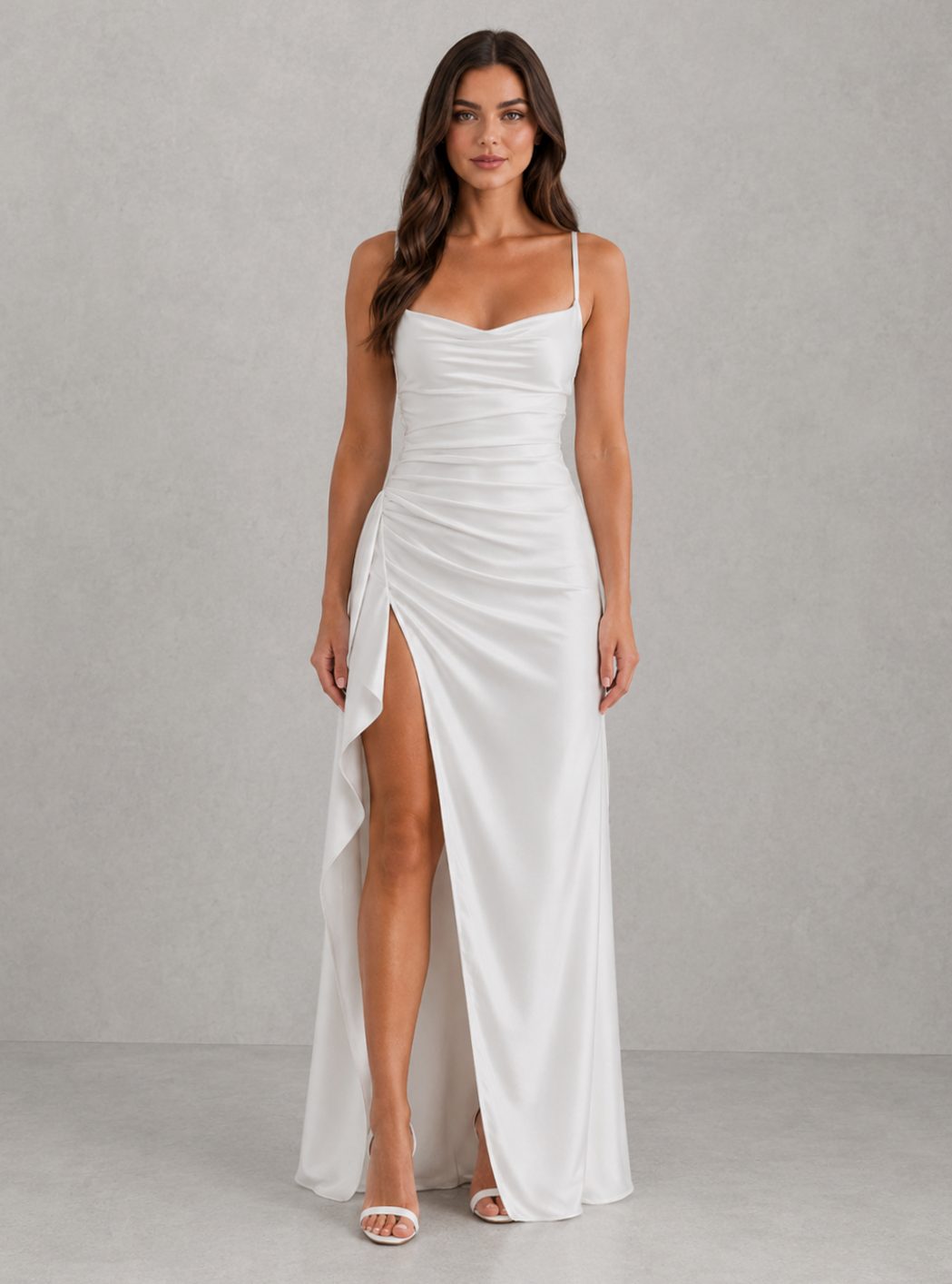Women's Satin-Feel Ruched Draped High-Split Maxi Party Dress - Ivory