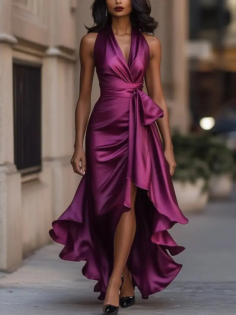 Women's Satin Halter-Neck High-Low Cocktail Party Dress Bow Waist - Fuchsia