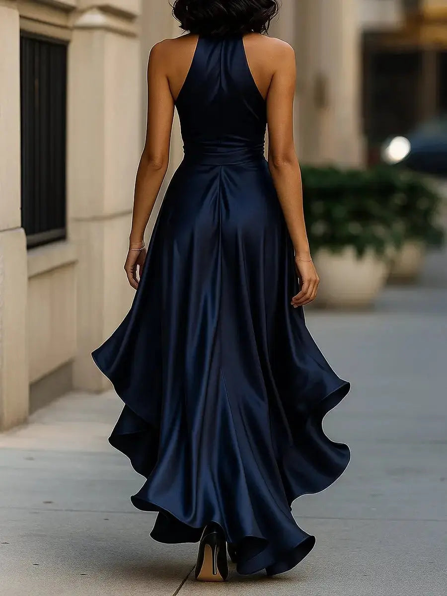 Women's Satin Halter-Neck High-Low Cocktail Party Dress Bow Waist